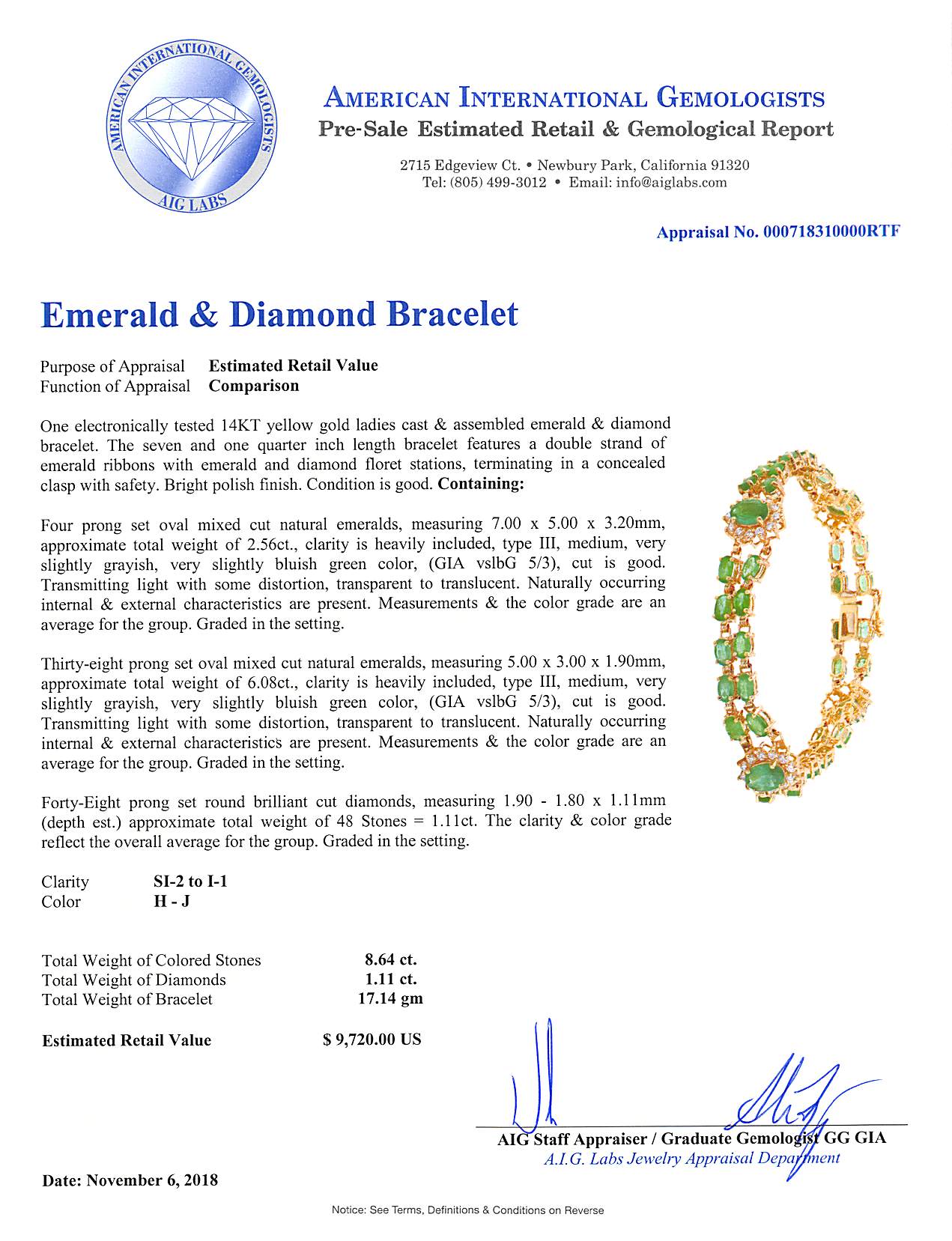 8.64 carats 42 Colombian Emeralds and 1.11 cts Diamonds Brace let 14K Yellow Gold  Special Edition