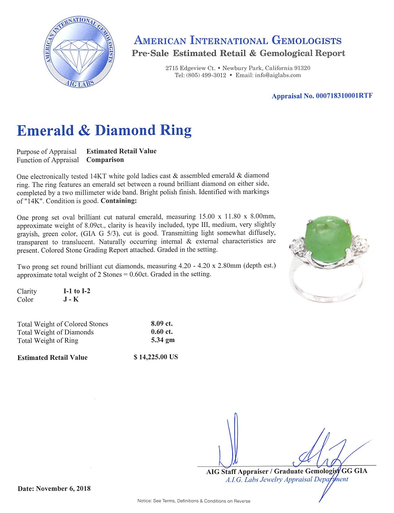 8.09ctw Colombian Emerald &amp; .060 ct. Diamonds 14K white Gold Ring