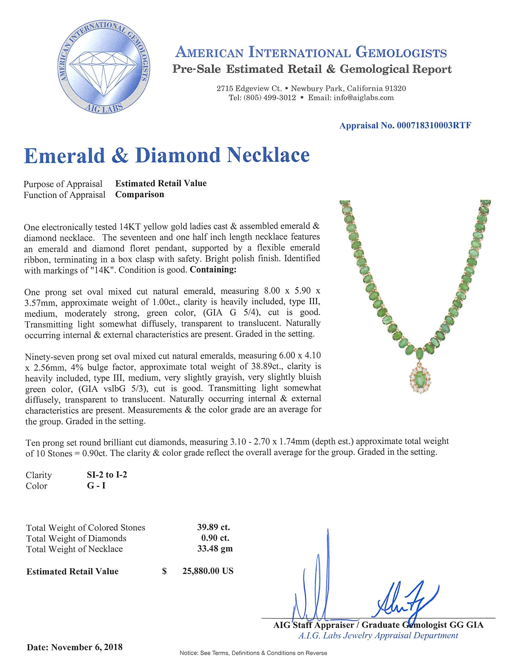 39.89 carats 98 Colombian Emeralds and 0.90 carats Diamond Necklace on 14K Yellow gold