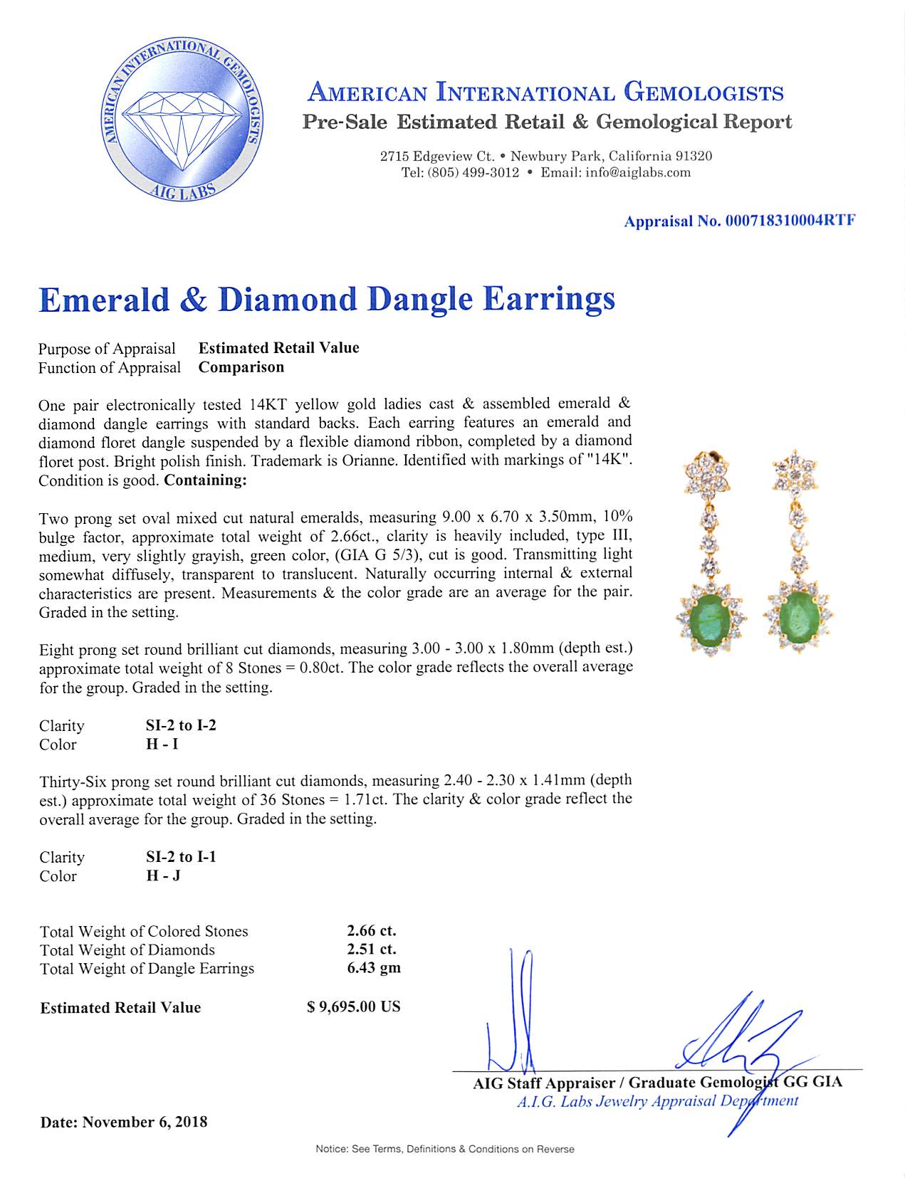 2.66 cts Colombian Emeralds and 2.51 cts Diamond Earrings on 14K Yellow Gold