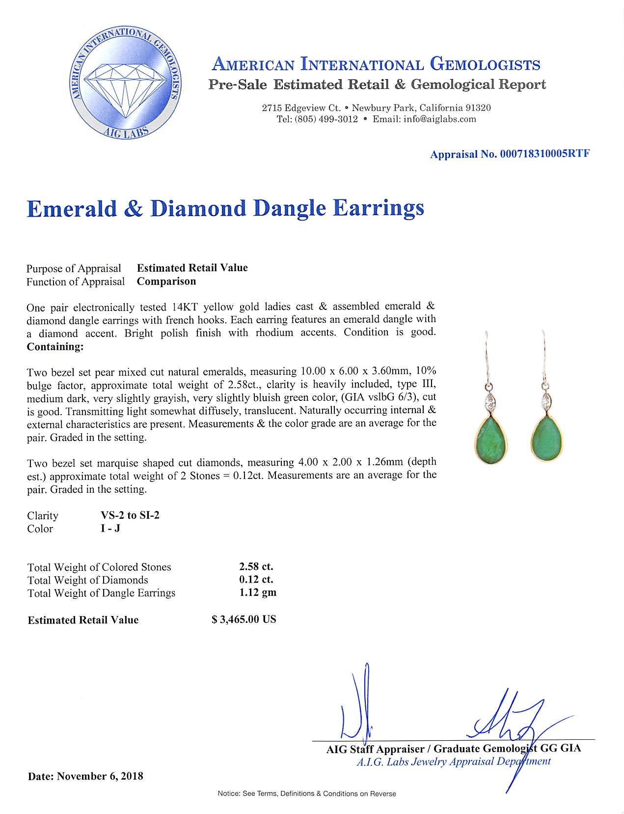 2.58 CT Natural Emerald and 0.12 ct. Diamonds 14K Yellow Gold Earrings