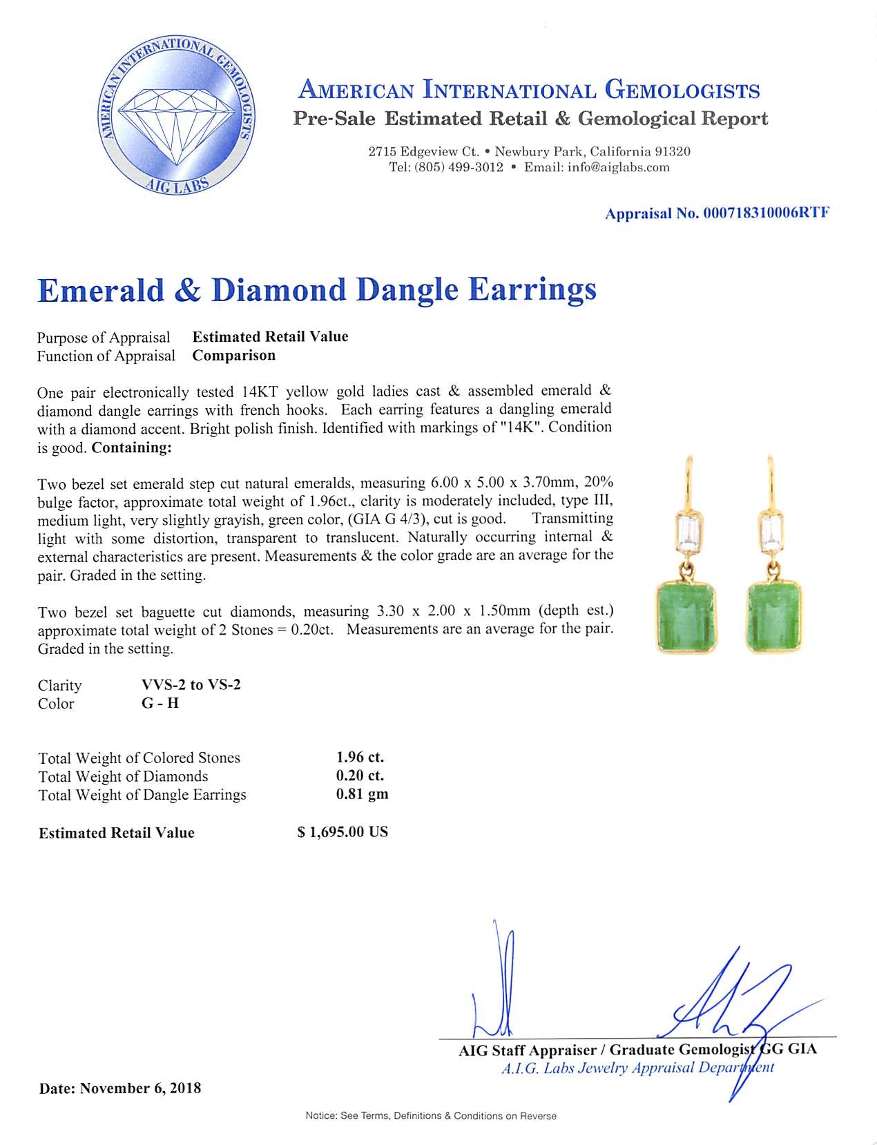 1.96 Carats Colombian Emeralds 0.20 Carats Diamonds 14K Gold Earrings