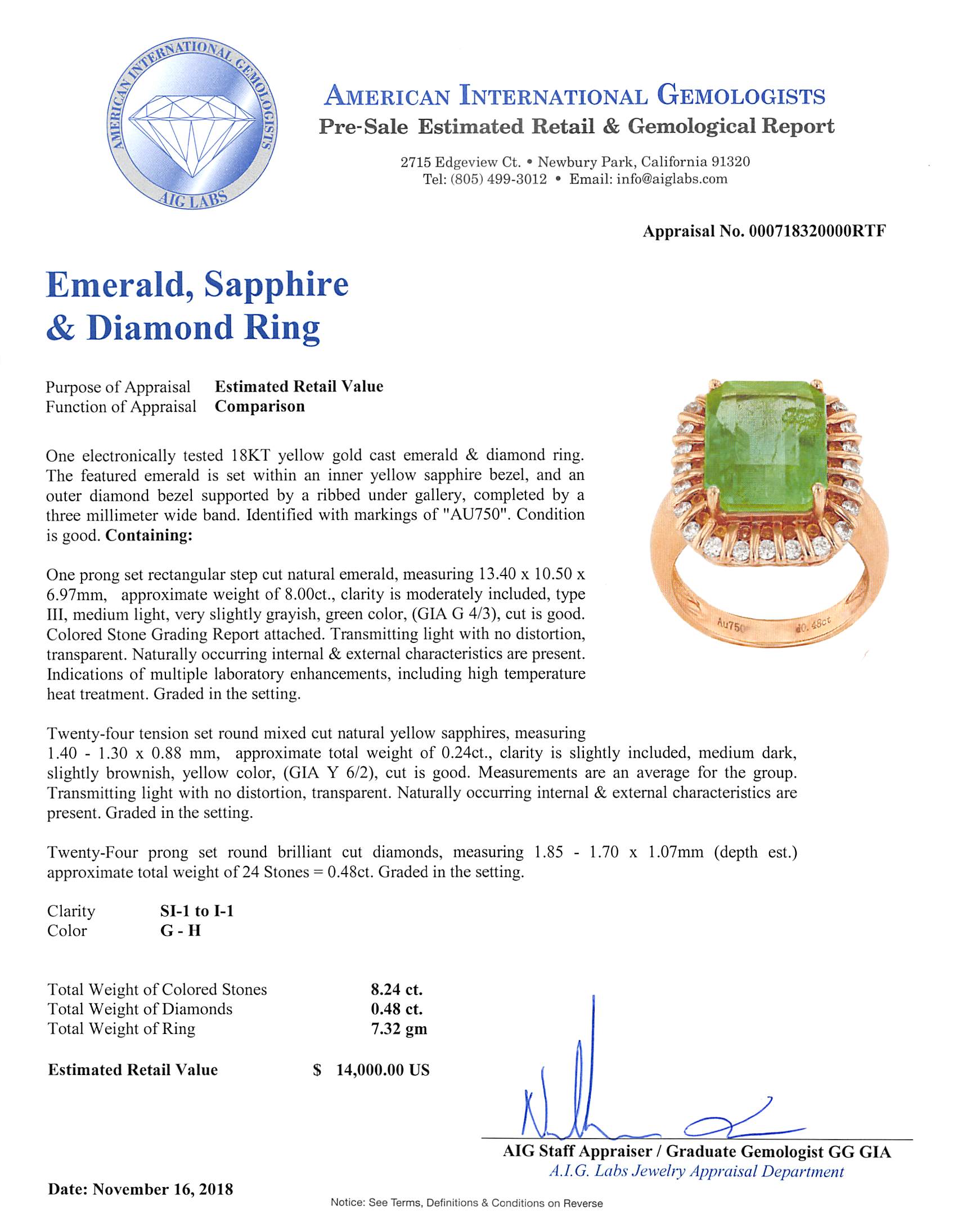 8.00ct Muzo Colombian Emerald with 0.24 cts. Yellow Sapphires &amp; 0.48 Diamonds Ring and 14k Yellow Gold Ring