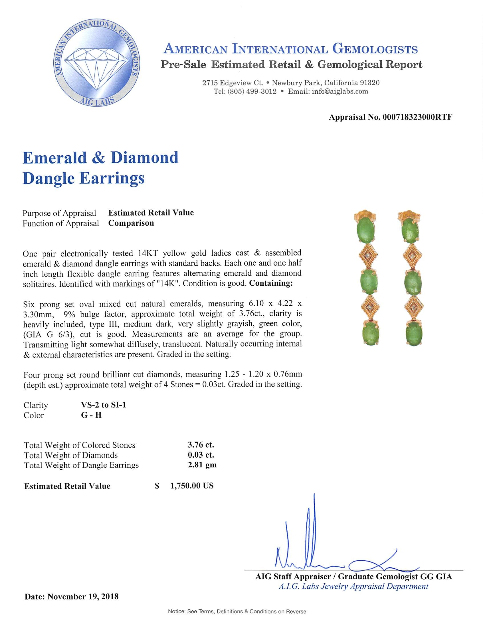 3.76 cts.  Natural Emerald and 0.03 Diamond and 14K Yellow Gold Earrings