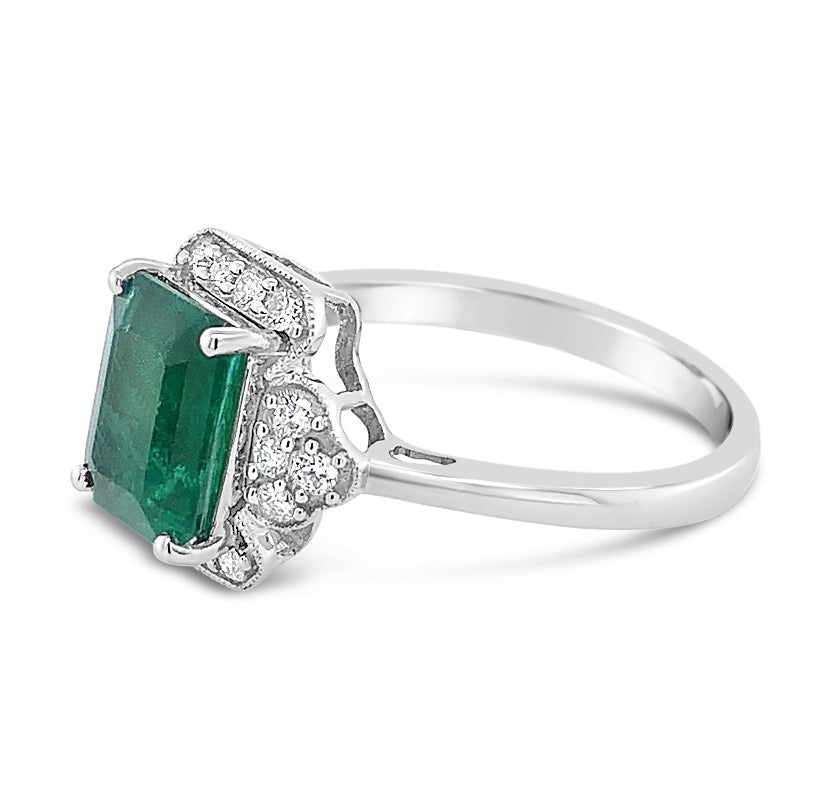 1.76ct Emerald and 0.19ctw Diamond 18K White Gold Ring