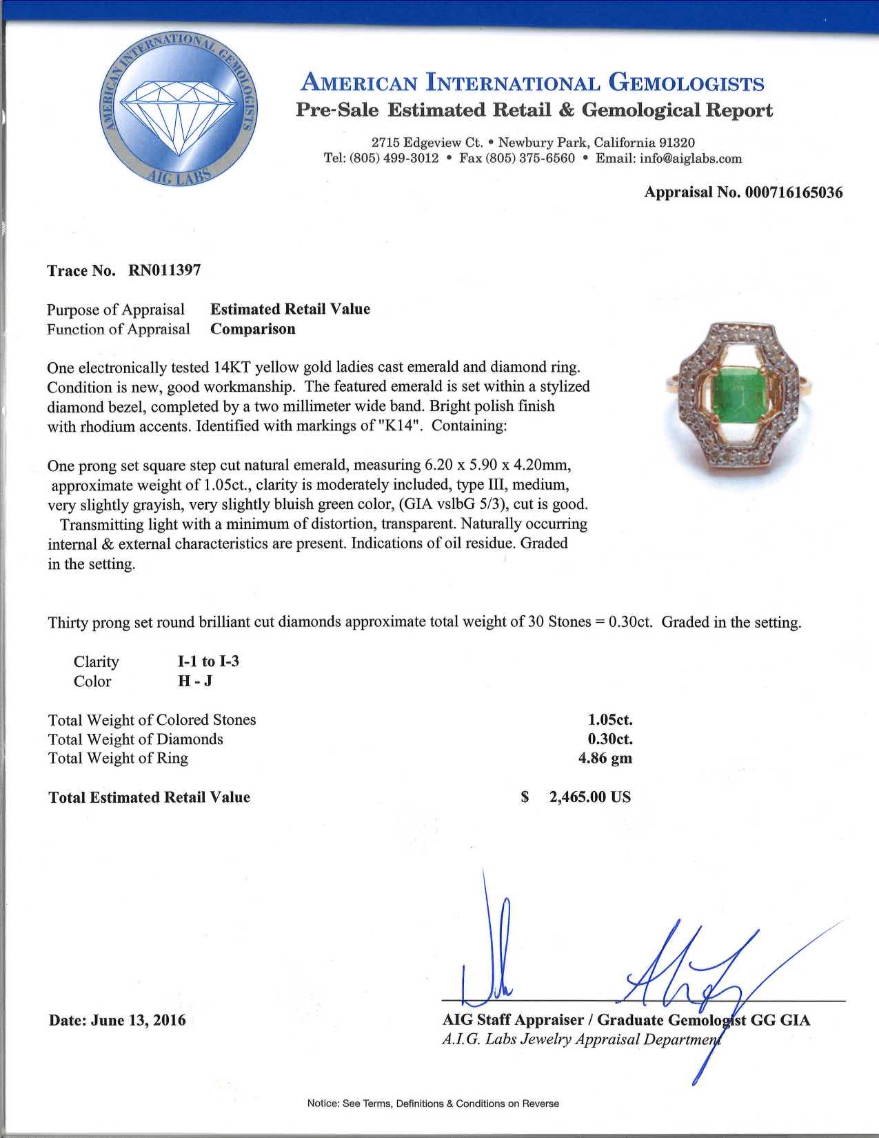 4.86 grams 14K yellow gold Emerald &amp; Diamond ring