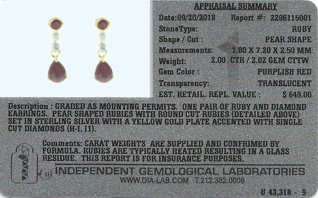 Ruby Designer Earrings with Diamonds on Solid Sterling Silver and 14K Yellow Gold Plated