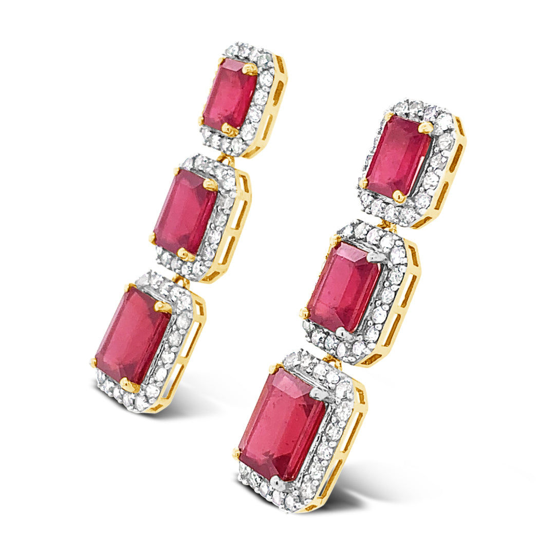 14.93ctw  6 Natural Rubies and 1.98ctw Diamond 14KT Yellow Gold Earrings 10.30 gm