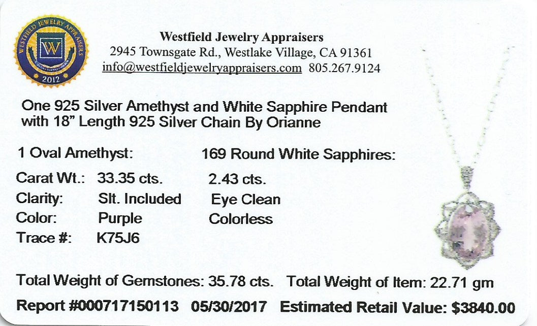 35.35ct Natural Amethyst and 2.43ctw White Sapphire Pendant with Chain 925 Silver 22.71 gm