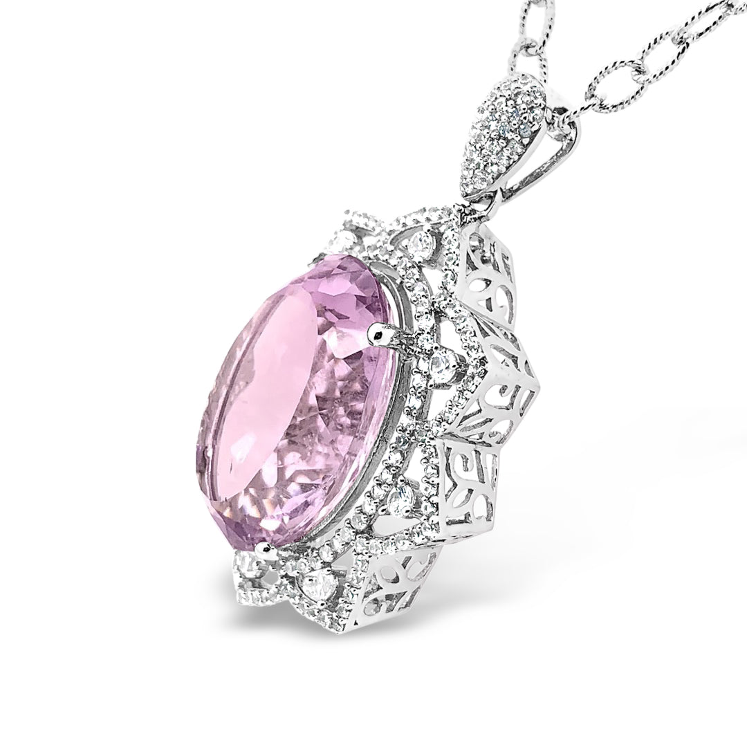 35.35ct Natural Amethyst and 2.43ctw White Sapphire Pendant with Chain 925 Silver 22.71 gm