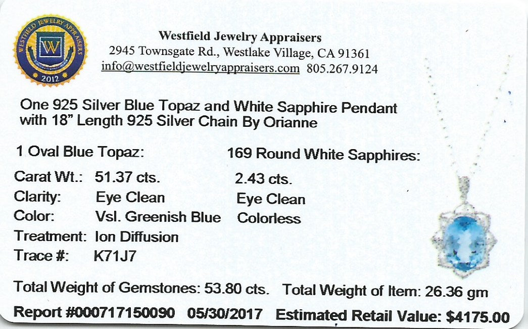51.37ct Natural Blue Topaz and 2.43ctw Natural white sapphire pendant