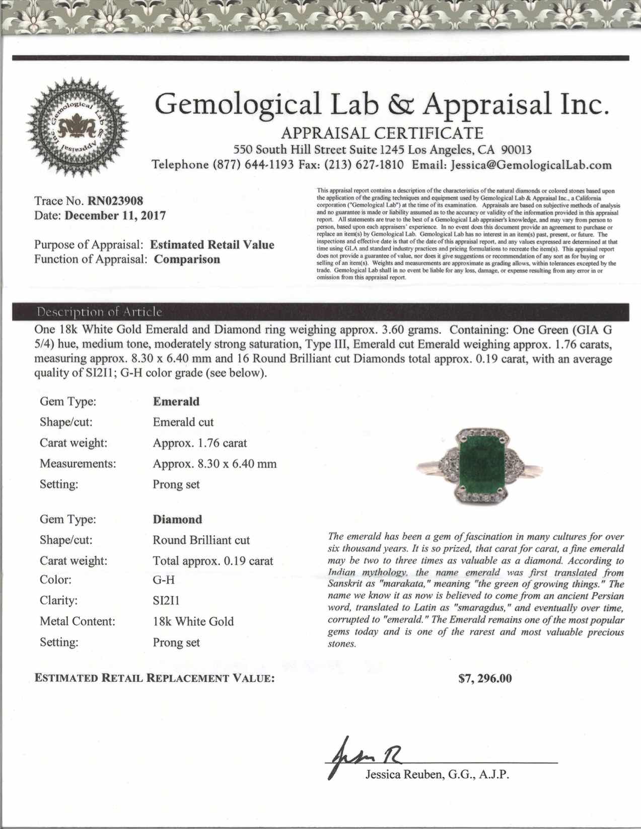 1.76ct Emerald and 0.19ctw Diamond 18K White Gold Ring