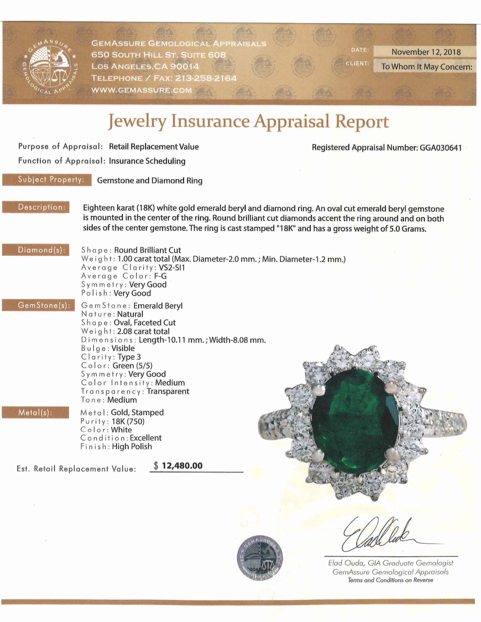 2.08 ct Natural Emerald with Diamonds with 18K White Gold Ring