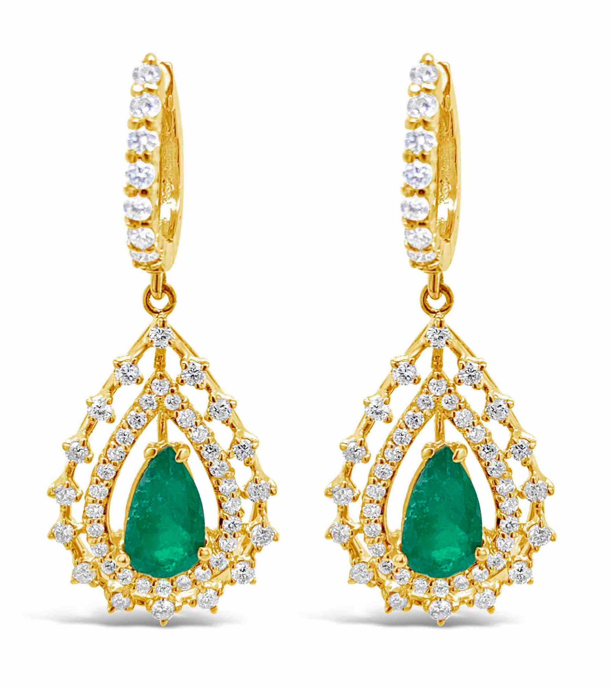 3.20 ctw. Emerald and 1.60 ctw. Diamond 14K Yellow Gold Earrings