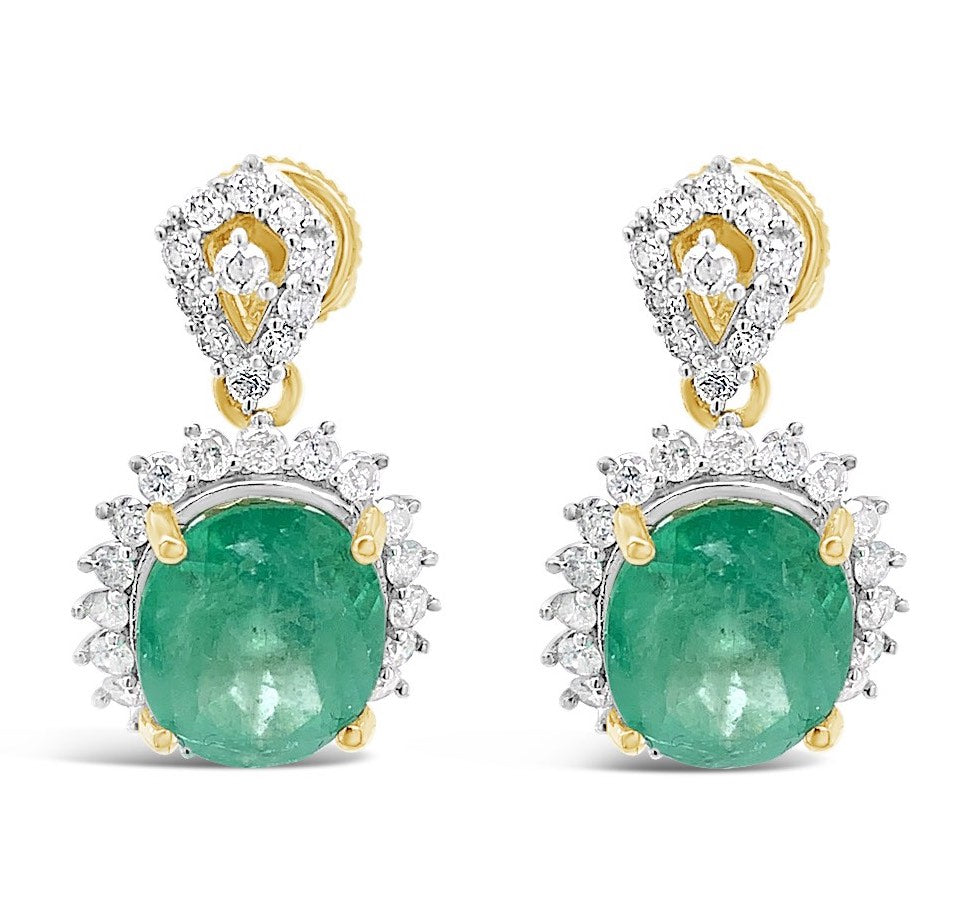 6.07 cts. Natural Emerald 1.11 cts. Diamond Earrings 14K Yellow Gold