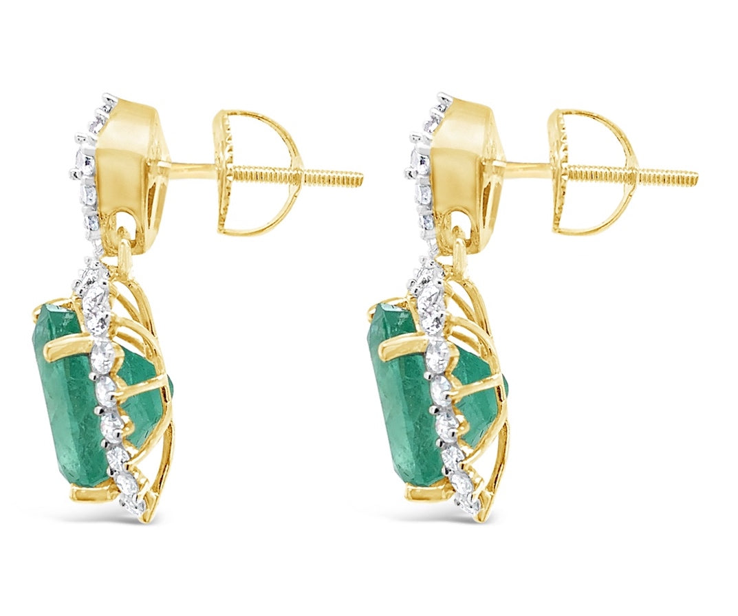 6.07 cts. Natural Emerald 1.11 cts. Diamond Earrings 14K Yellow Gold