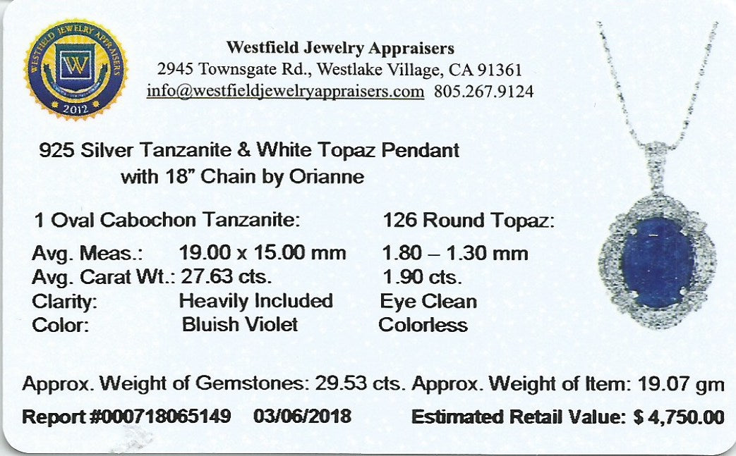 27.63ct Natural Tanzanite and 1.90ctw White Topaz Pendant 925 Silver 19.07 gm