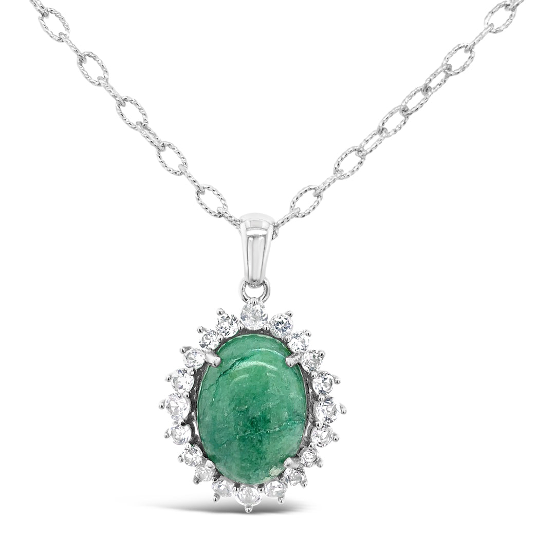9.87ct. Natural Emerald and 0.98ctw. White Topaz Pendant/Necklace 18 inch Chain 925 Silver 9.65 gm