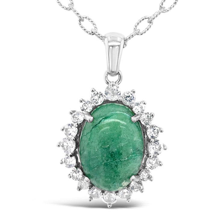 9.87ct. Natural Emerald and 0.98ctw. White Topaz Pendant/Necklace 18 inch Chain 925 Silver 9.65 gm