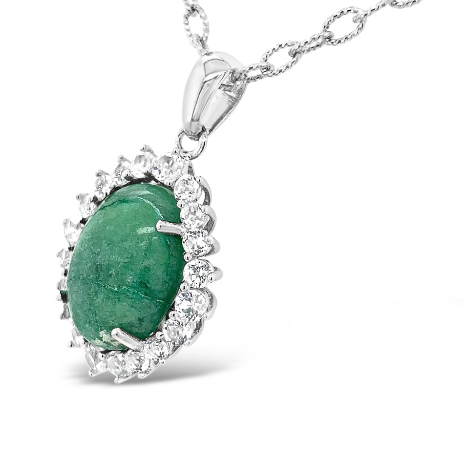 9.87ct. Natural Emerald and 0.98ctw. White Topaz Pendant/Necklace 18 inch Chain 925 Silver 9.65 gm