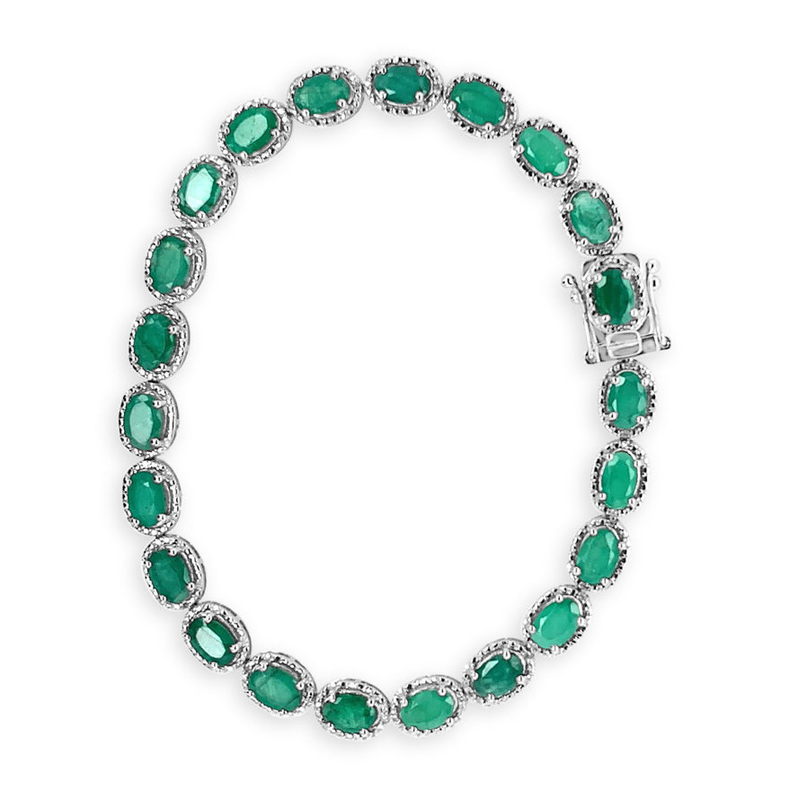 8.14ctw 22 Natural Emeralds and 0.10ctw Diamond Bracelet 925 Silver 9.70 gm