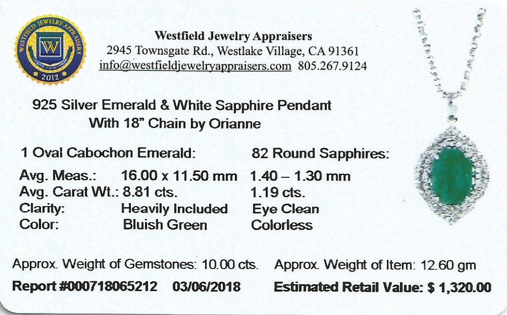 8.81ct Natural Emerald and 1.19ctw 82 White Sapphire Pendant 18 inch Chain 925 Silver 12.60gm