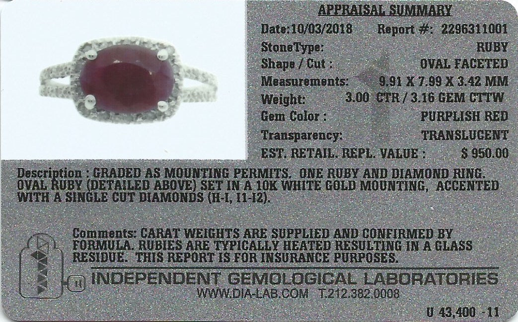 10K White Gold gold and 3.00 CTW Ruby Ring