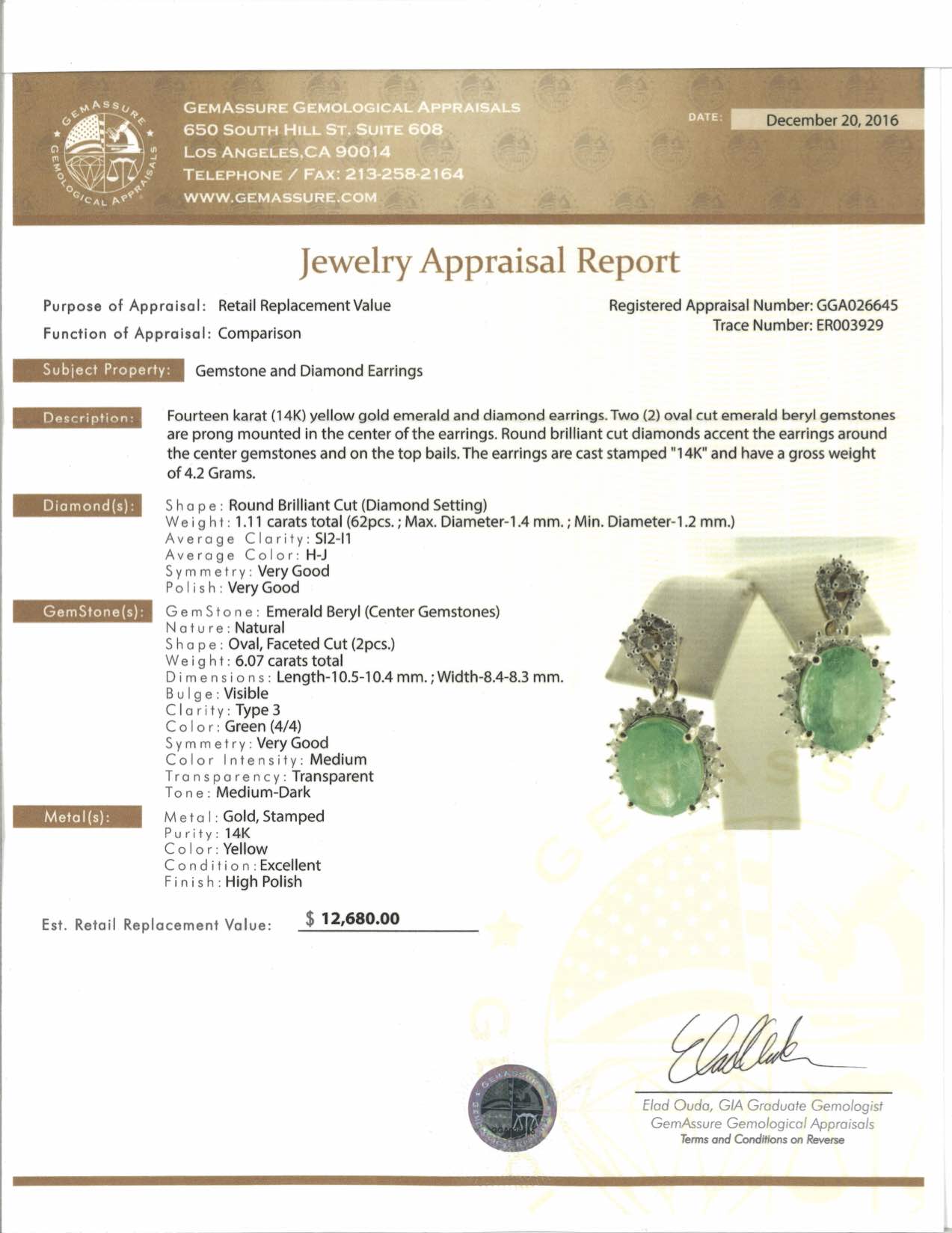 6.07 cts. Natural Emerald 1.11 cts. Diamond Earrings 14K Yellow Gold