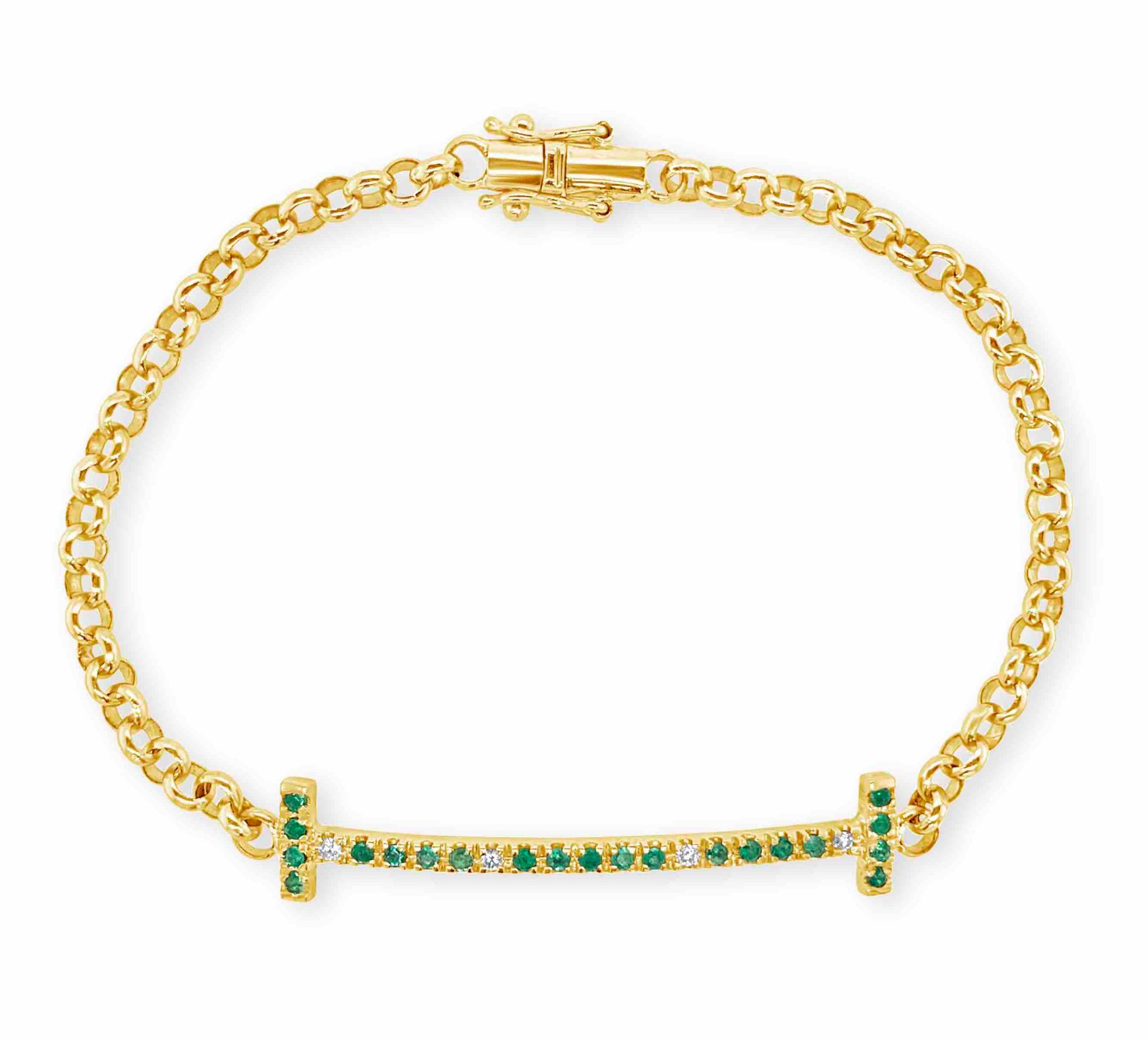 18K Yellow Gold Emerald and Diamond Bracelet 7.68 grams.