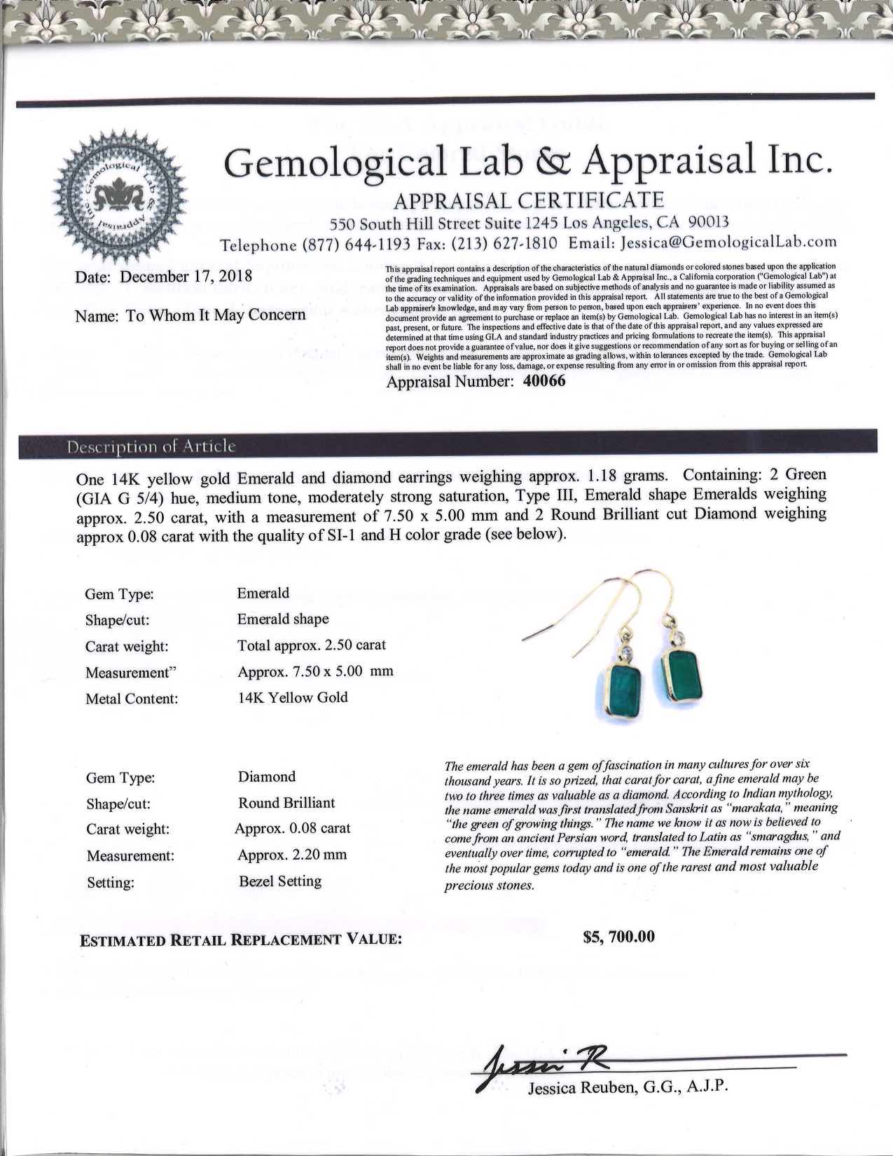 2.58 carat Emerald and Diamond Earrings 14K yellow gold