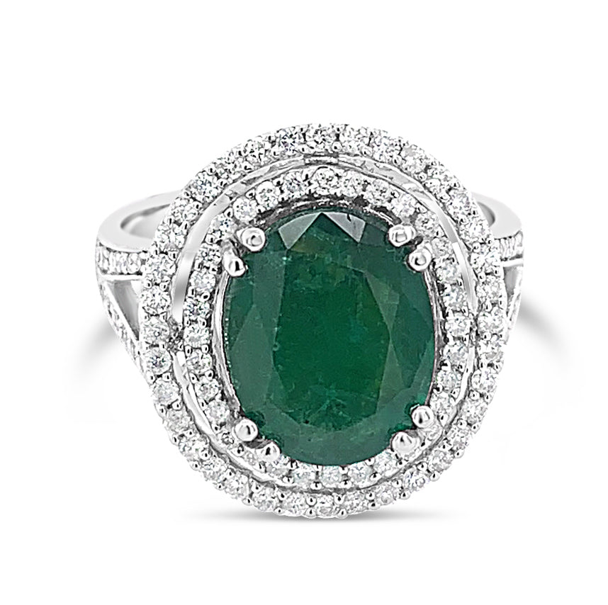 3.42ct Natural Emerald and 0.58ctw Diamond 14K White Gold Ring 5.59 grams