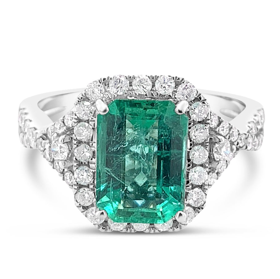 2.04ct Natural Emerald and 0.47ctw Diamond 14KT White Gold Ring 3.50 gm