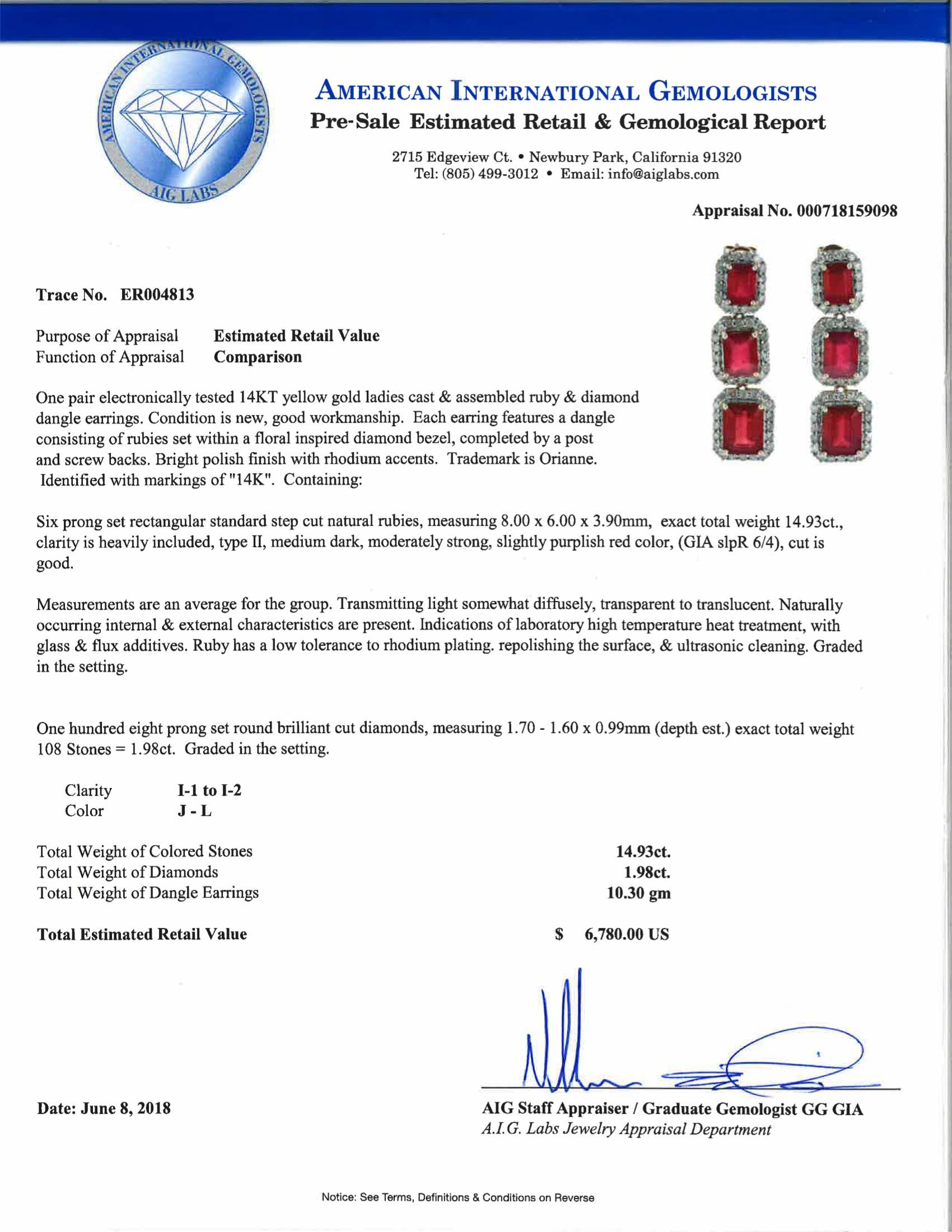 14.93ctw  6 Natural Rubies and 1.98ctw Diamond 14KT Yellow Gold Earrings 10.30 gm