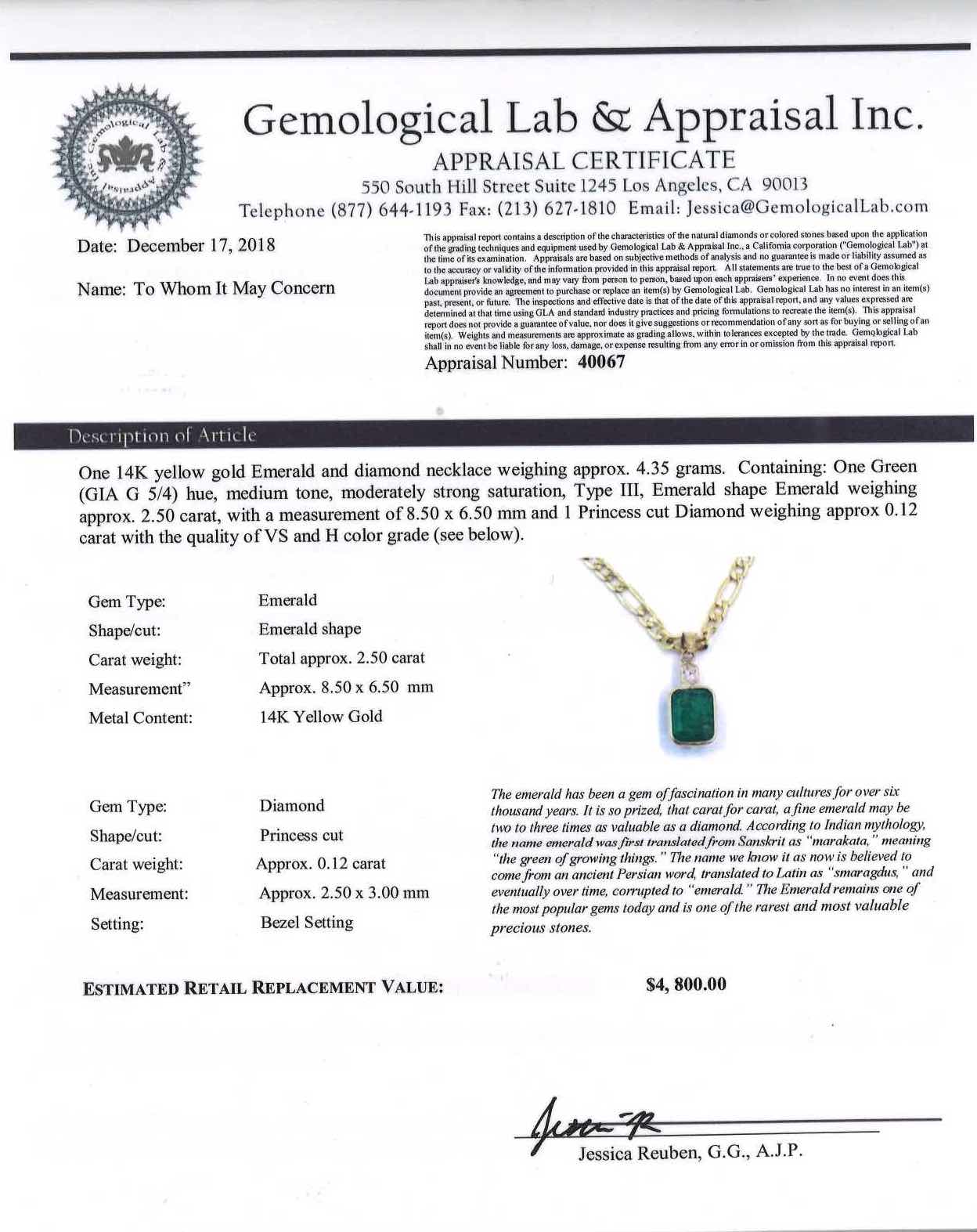 2.50 CT Natural Emerald &amp; Diamond 14k 2 Tone gold  pendant and 14K yellow gold 18 Inch Necklace