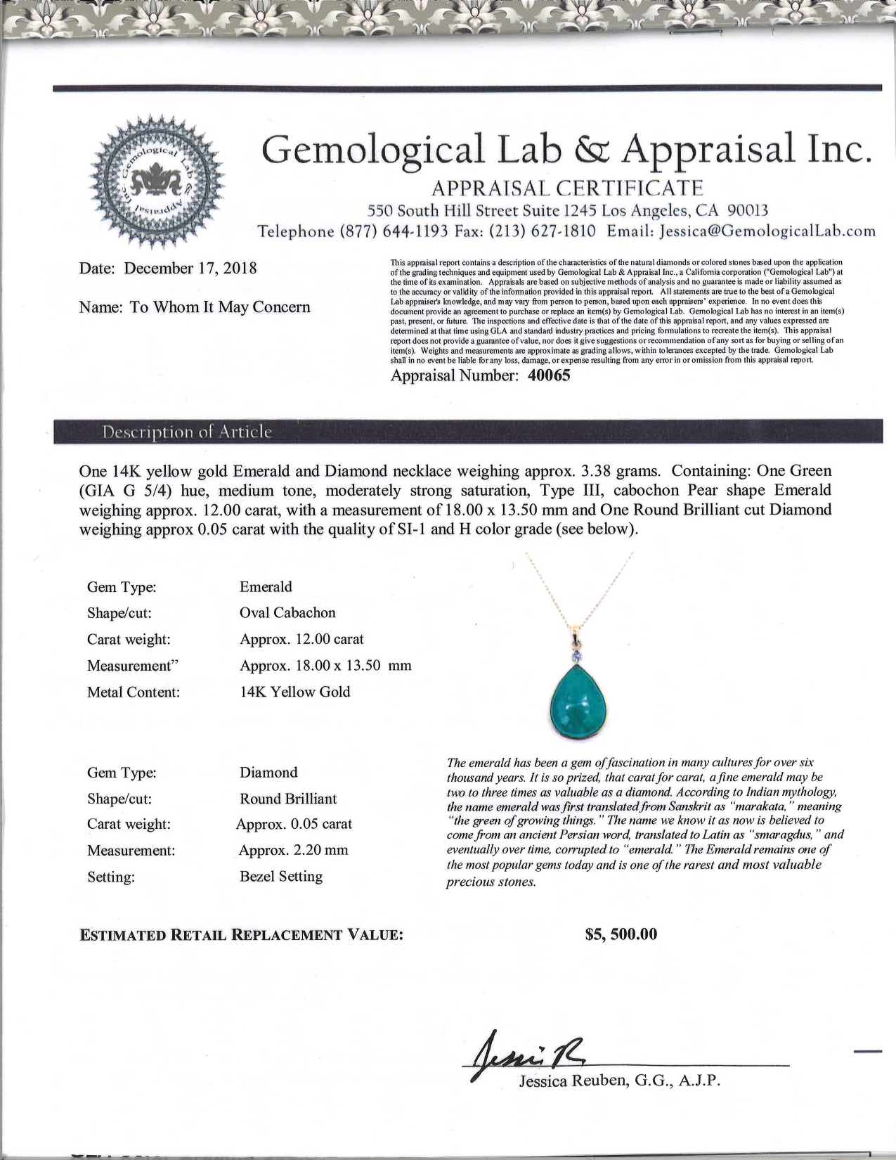 12.00 ct Emerald and Diamond Dangle necklace and 18.3/8 inch chain 14K yellow Gold