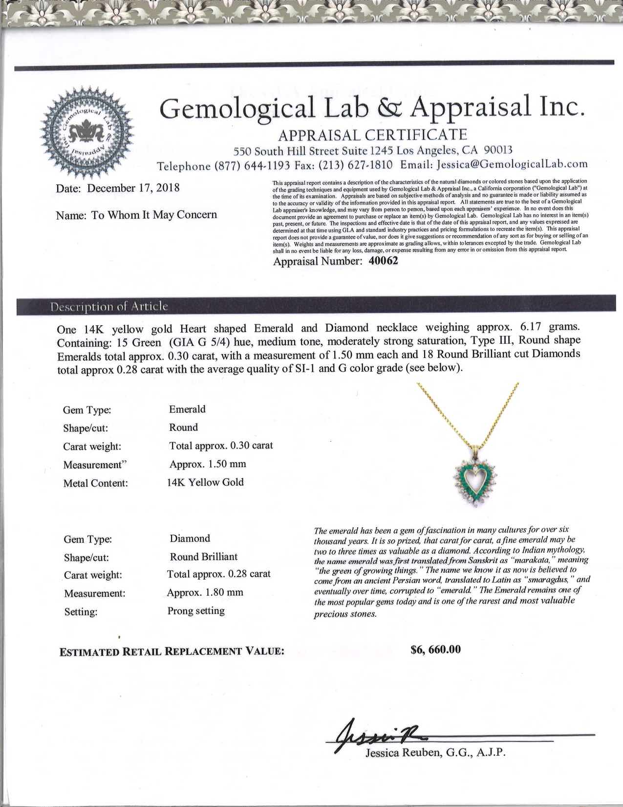 6.17 grams Emerald and Diamond 14K Yellow Gold 16 inches Necklace