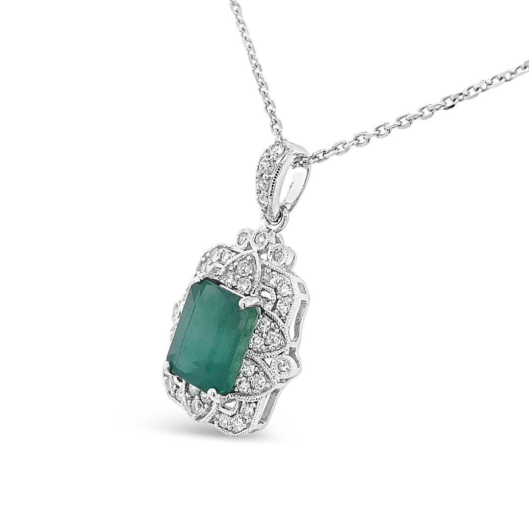 3.28ct Emerald and 0.45ctw Diamonds 18K White Gold Pendant and 18 inch 18K WG chain