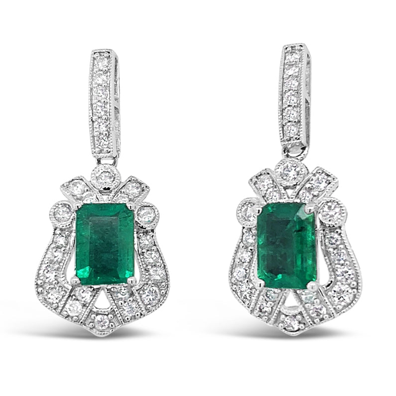1.73ctw Natural Emerald and 0.65ctw Diamond 18K White Gold Earrings 5.26 gm