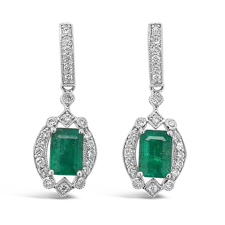1.91ctw Natural Emerald and 0.45ctw Diamond 18K White Gold Earrings 3.90 gm
