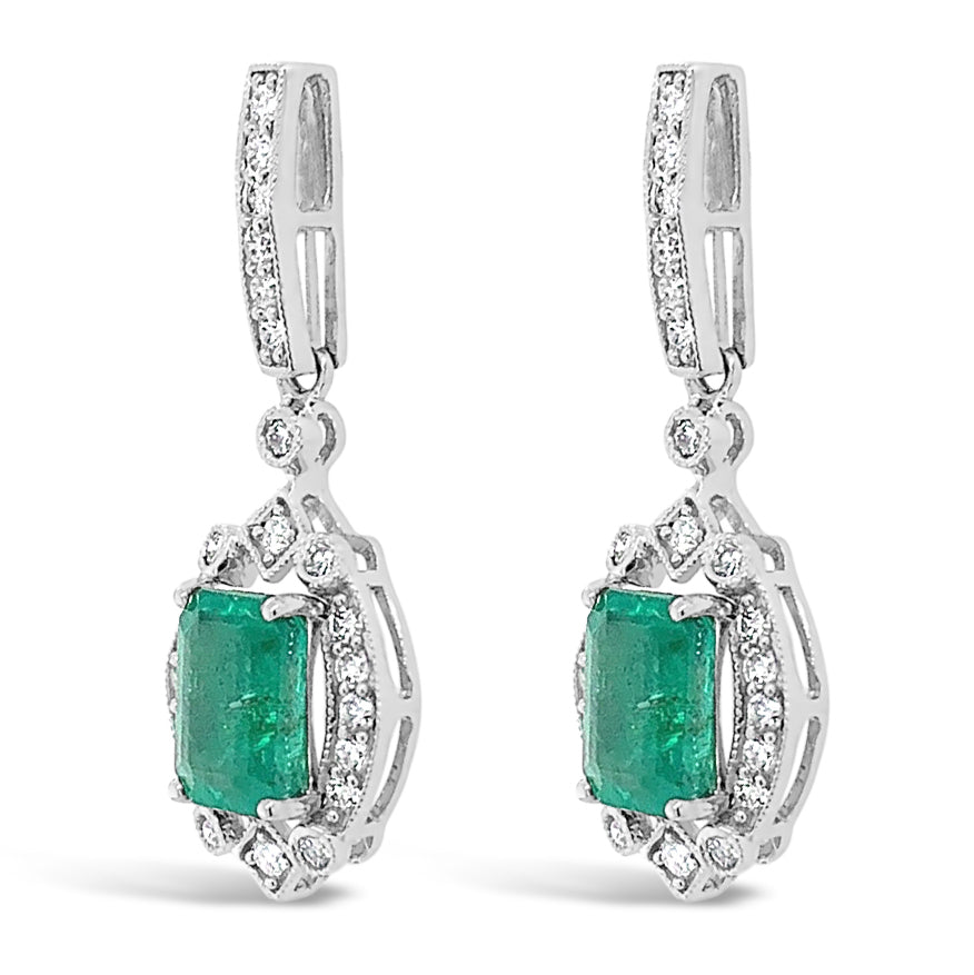 1.91ctw Natural Emerald and 0.45ctw Diamond 18K White Gold Earrings 3.90 gm