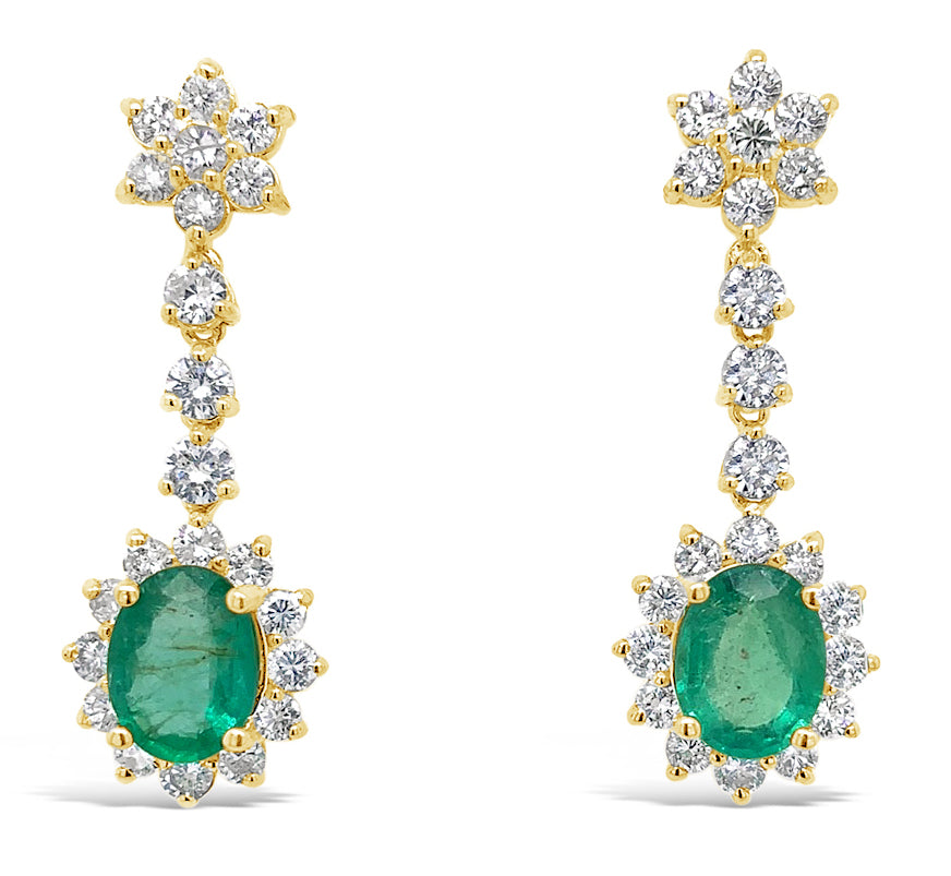 2.66 cts Colombian Emeralds and 2.51 cts Diamond Earrings on 14K Yellow Gold