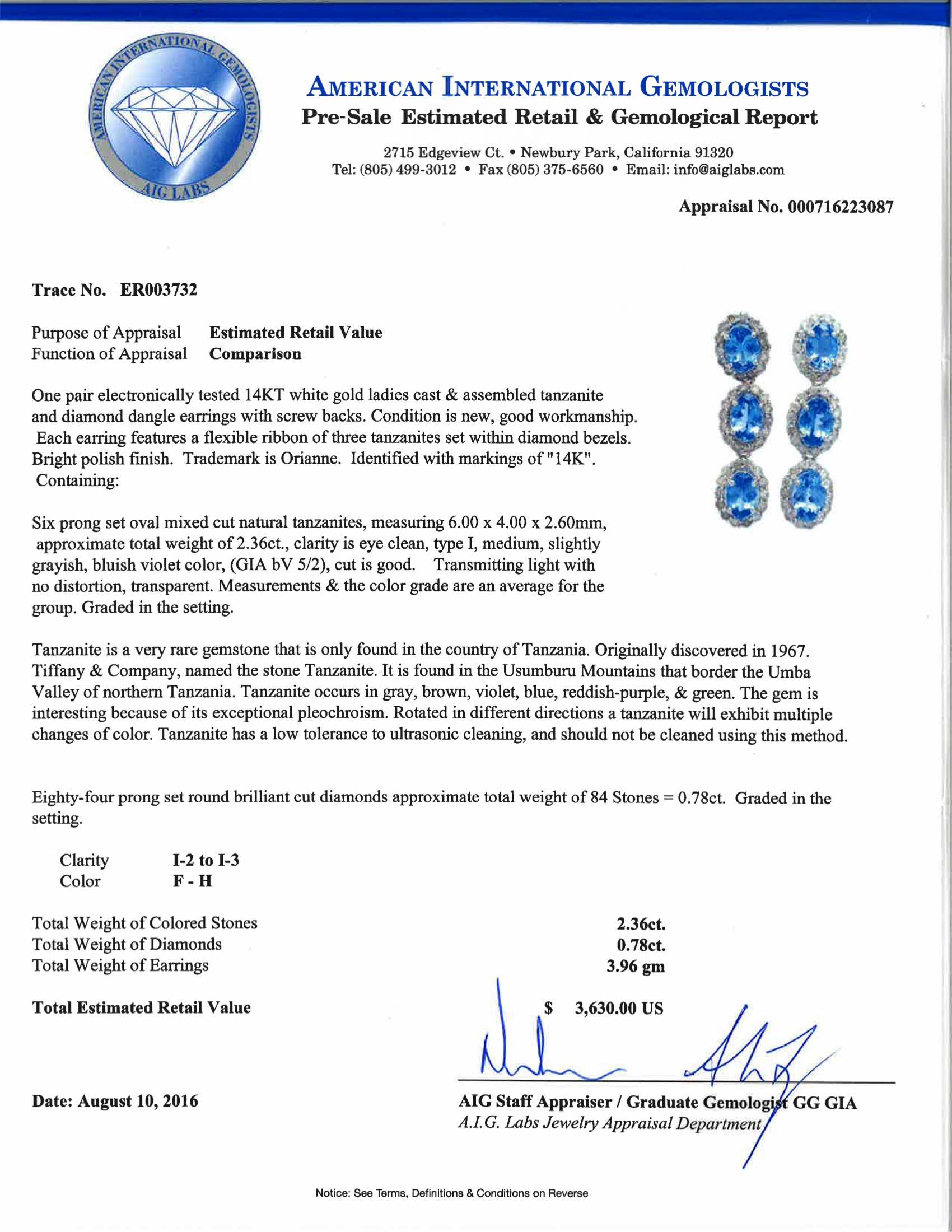 2.36ctw 6 natural Tanzanite and 0.78ctw Diamond 14k white gold earrings 3.96 gm