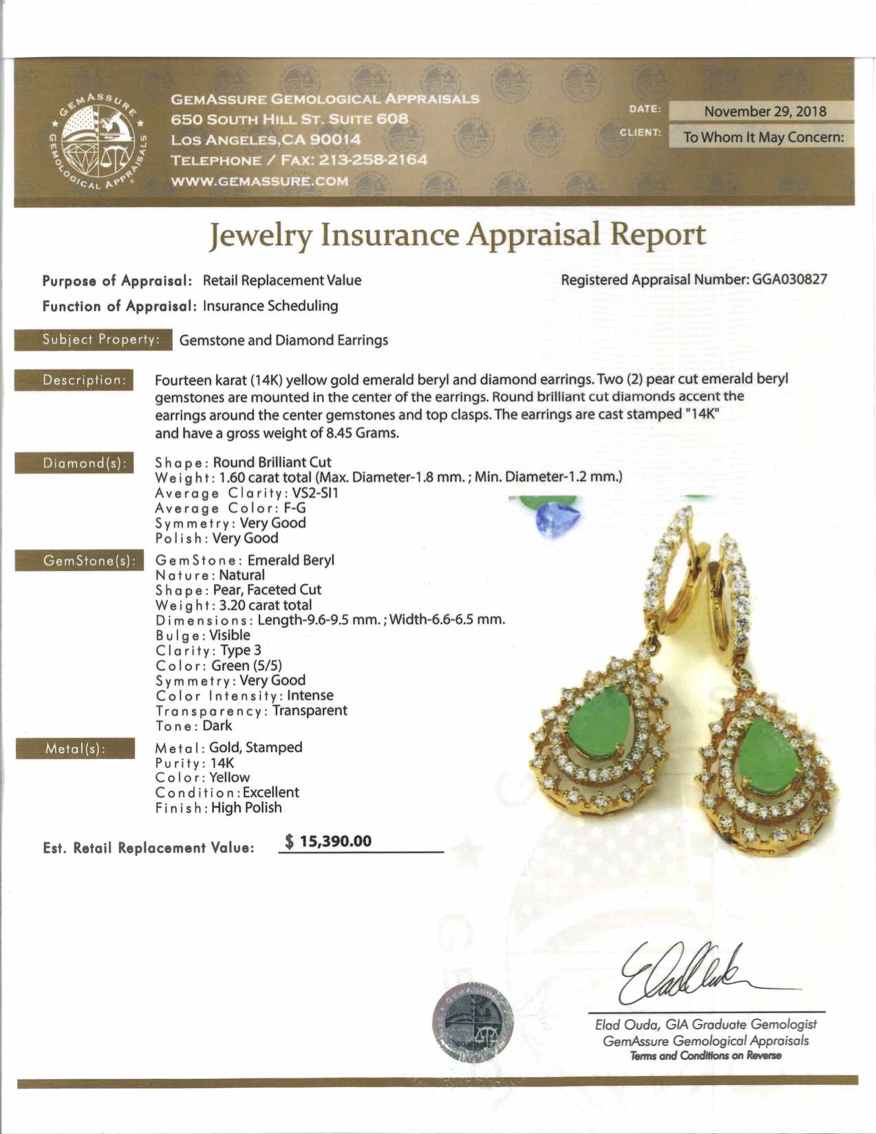 3.20 ctw. Emerald and 1.60 ctw. Diamond 14K Yellow Gold Earrings