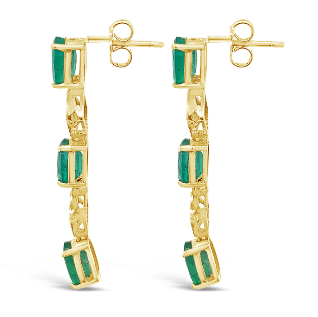 3.76 cts.  Natural Emerald and 0.03 Diamond and 14K Yellow Gold Earrings
