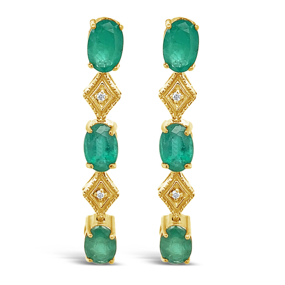 3.76 cts.  Natural Emerald and 0.03 Diamond and 14K Yellow Gold Earrings
