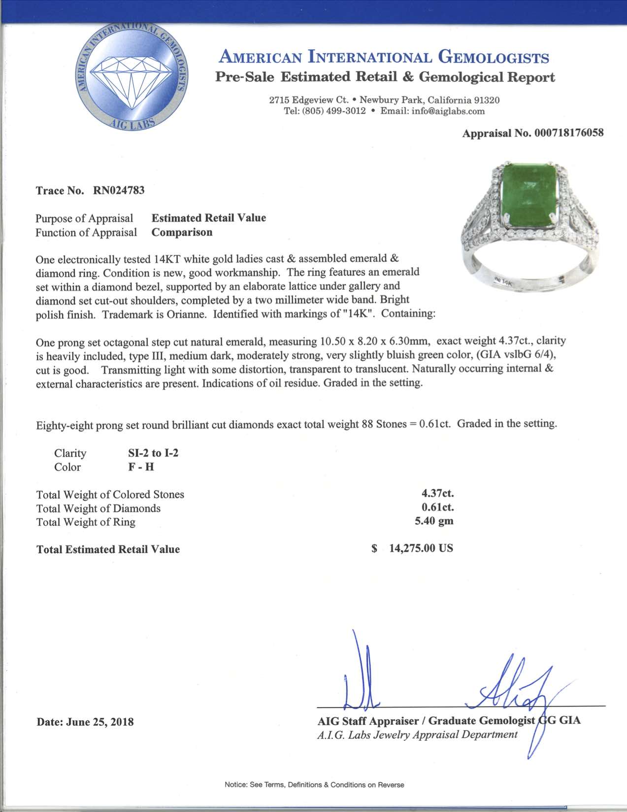 4.37ct Emerald and 0.61ctw Diamonds 14KT White Gold Ring