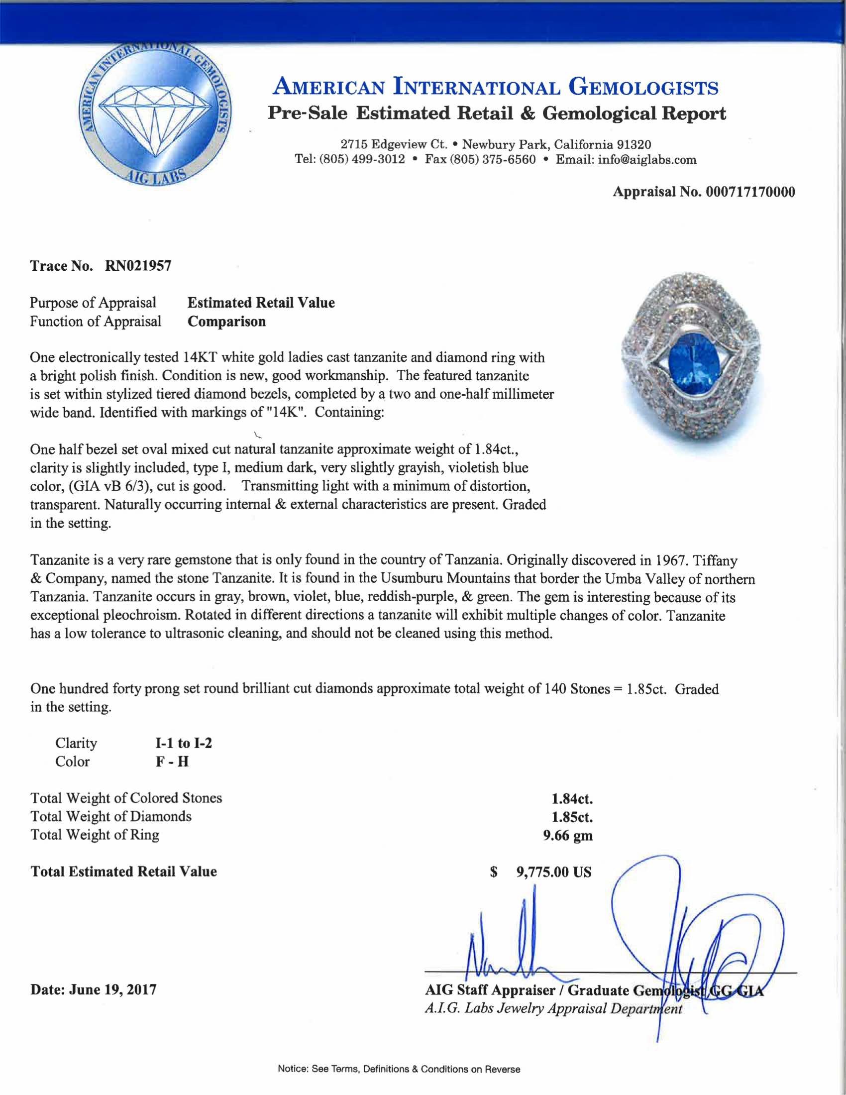 1.84ct Natural Tanzanite and 1.85ctw Diamond 14kt White Gold Ring 9.66 gm