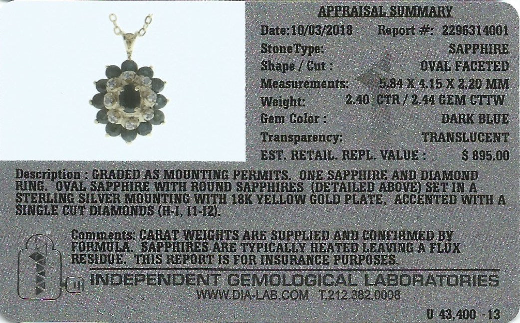 7 Sapphire and Diamonds Necklace over Solid Sterling Silver / 18 K Plating Yellow Gold