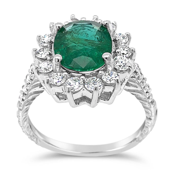 2.08 ct Natural Emerald with Diamonds with 18K White Gold Ring