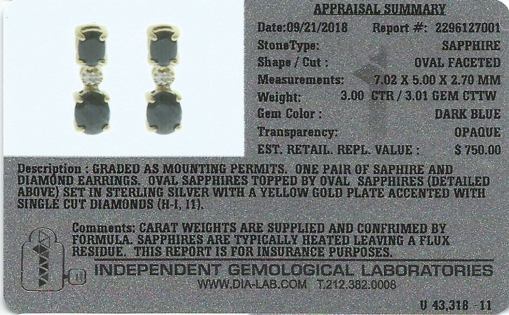 Sapphire Earrings with diamonds on Solid Sterling Silver/ 18 k Yellow Gold Plating